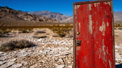 In a rugged desert landscape, a bright red arched wooden door with peeling paint stands as a solitary feature, surrounded by rocky terrain and distant mountains, evoking curiosity and imagination