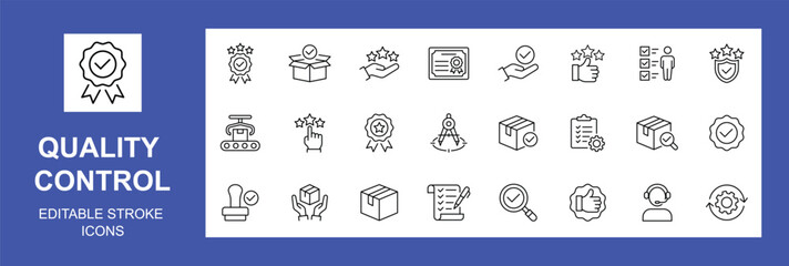 Quality control icon set. Containing evaluation, inspection, product, certificate, quality check, reward, analysis, defect, assurance, process, testing and more. Editable Stroke, Vector illustration.