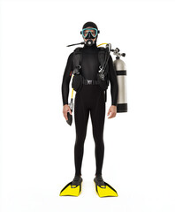 portrait of a modern scuba diver standing in front of a pure white background. Wearing a black wetsuit, oxygen tank, fins, and full-face diving mask. Standing upright in a neutral pose. Even, soft ove