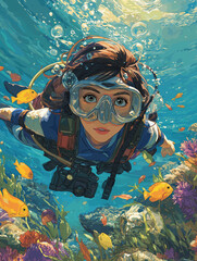 A beautiful female diver with short hair wears a full oxygen mask and a sleek diving suit. Her upper body is clearly visible as she swims through a vibrant coral reef, holding a small underwater camer