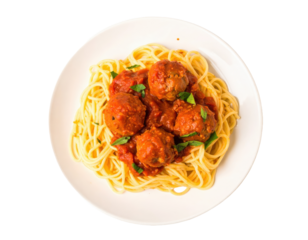 Top view of spaghetti and meatballs PNG 