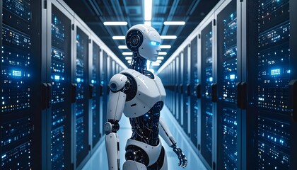 Humanoid robot stands in a server room aisle