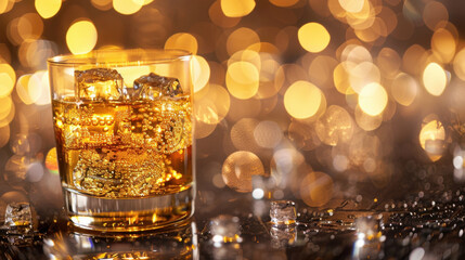 Glass of golden drink with shimmering 2026 ice cubes, festive light reflections