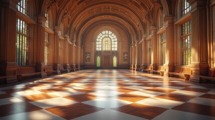 Interior View of Hall with Checkered Floor, Columns, and Arched Windows