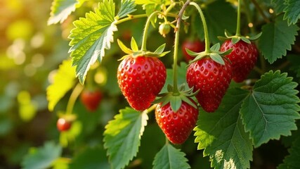 Vibrant close-up of ripe red strawberries on a plant, showcasing juicy freshness in a sunlit garden setting, perfect 4k footage - Powered by Adobe