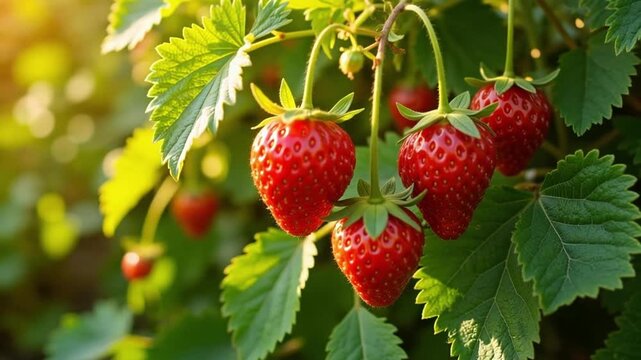 Vibrant close-up of ripe red strawberries on a plant, showcasing juicy freshness in a sunlit garden setting, perfect 4k footage