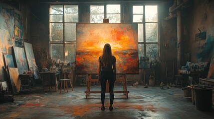 Woman Viewing Painting on Easel in Art Studio