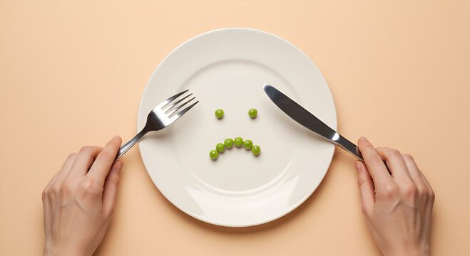 A plate with a sad face made of peas, held by hands, with cutlery, eating disorder