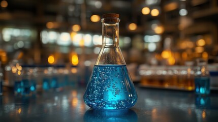 Erlenmeyer Flask with Blue Liquid in Laboratory Setting
