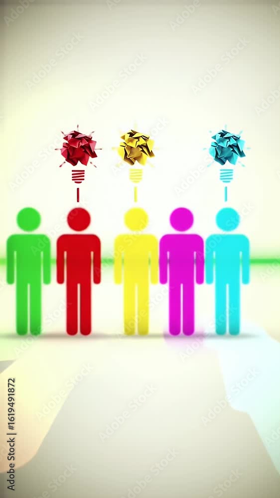 Poster conceptual 3d rendering of multicolored human figures with bright ideas. a symbol for teamwork, dive