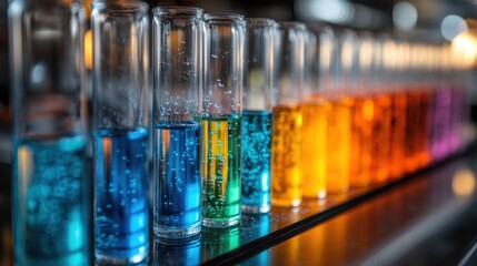 Row of Test Tubes Filled with Varied Colored Liquids