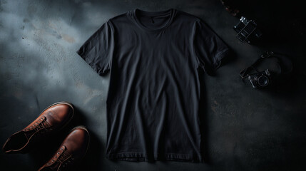 A blank black t-shirt is laid flat on a dark, textured concrete surface, complemented by black leather boots and a vintage film camera for a moody, stylish look.
