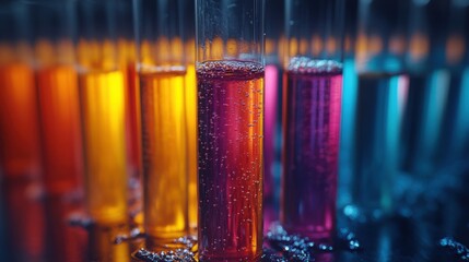 Row of Test Tubes Containing Colored Liquids
