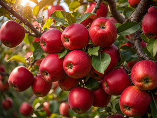 Apple orchard with red ripe apples on branches.Two rows of apple trees full of fruit seen under a blue sky nearly ready for picking.Apple orchard.Morning shot. generative ai	
