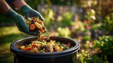 Close-Up of Hands Adding Vegetable Scraps to Backyard Compost Bin