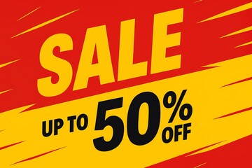 Sale promotion banner with up to fifty percent off in yellow and red color scheme design style