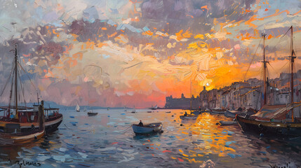 Stunning sunset paints coastal town with golden light, boats bobbing peacefully in harbor waters.
