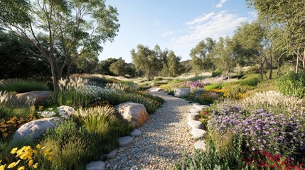 Obraz premium Serene Garden Path: A Visual Journey Through Blooming Meadows and Pebble Trails