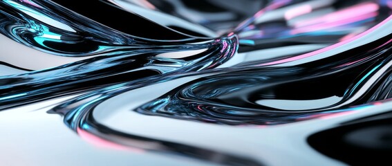 3D render of an abstract, wavy, liquid chrome silver background