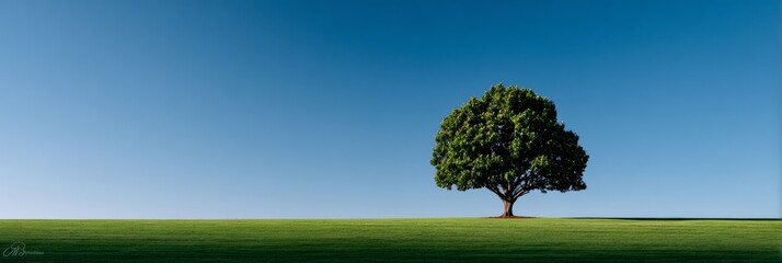 A single lush green tree stands on a grassy hilltop beneath a wide blue sky. Peaceful scene with perfect symmetry and soft sunlight.