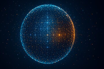 Glowing sphere with blue and orange particles connected by a grid against a dark background space