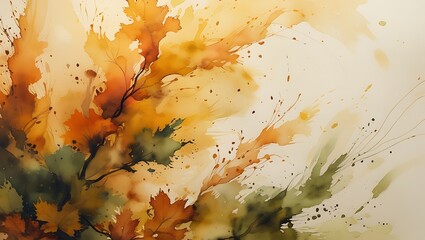 Abstract watercolor painting depicting autumn leaves and warm colors in a natural scene