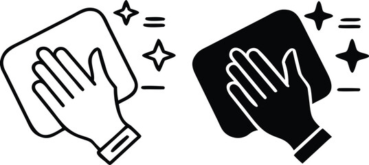 Clean Icons. Black and White Vector Illustration. House Cleaning. Human Hand Wiping Dust With Rag. Hygiene Concept
