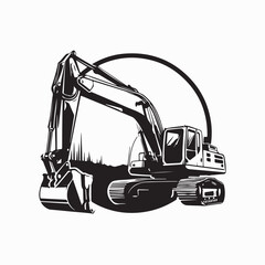 Powerful Excavator in Action, Black and White Illustration on white background.