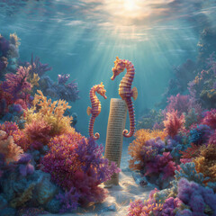 colorful coral reef bordering the bottom of the image, underwater with sun shining through and 2 colorful seahorses holding a long scroll vertically, hyper realistic