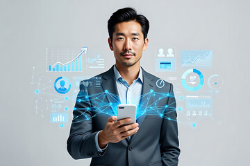 Businessman using mobile smartphone and icon network connection data with growth graph customer, digital marketing, banking and payment online, analysis and planning of business, Generative Ai