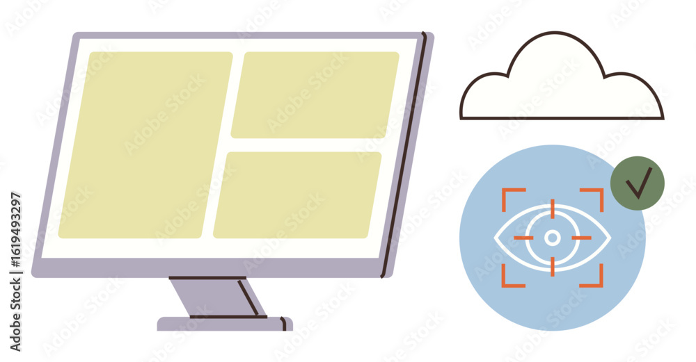 Poster computer monitor with sections, cloud outline, and eye tracking symbol with approval check. ideal fo