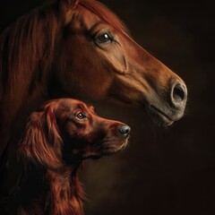 Profile portraits of two red animals arranged in layers: english horse and Irish setter dog. Soft natural lighting, sharp focus, clean dark brown background, artistic composition.