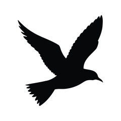 A silhouette of a bird in flight against a plain white backdrop