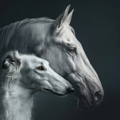 Profile portraits of two white animals arranged in layers: orlov trotter horse and  russian borzoi dog. Soft natural lighting