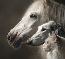 Profile portraits of three white animals arranged in layers: orlov trotter horse, russian borzoi dog and silver neva-masquerade cat. Soft natural lighting