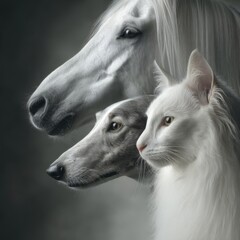 Profile portraits of three white animals arranged in layers: orlov trotter horse, russian borzoi dog and silver neva-masquerade cat. Soft natural lighting