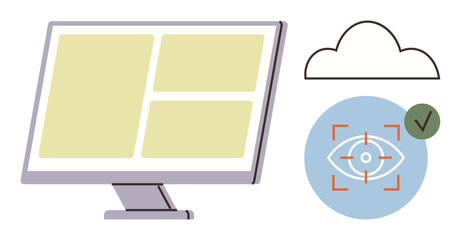Computer monitor with sections, cloud outline, and eye tracking symbol with approval check. Ideal for data security, cloud computing, AI, biometrics, online privacy, analytics simple flat metaphor