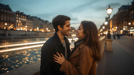 Fototapeta premium A happy young couple in Paris on the banks of the Seine.