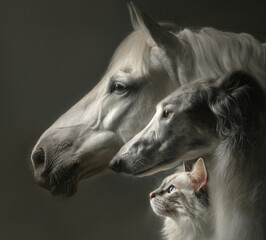 Profile portraits of three white animals arranged in layers: orlov trotter horse, russian borzoi dog and silver neva-masquerade cat. Soft natural lighting