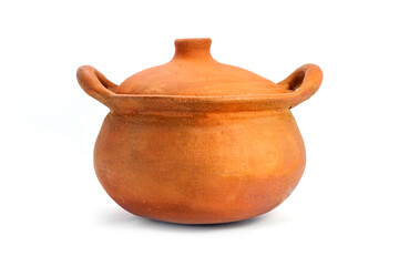 The image shows an unglazed, rustic terracotta pot with its lid slightly ajar, revealing the opening. The pot has a natural, earthy brown color and a simple design.