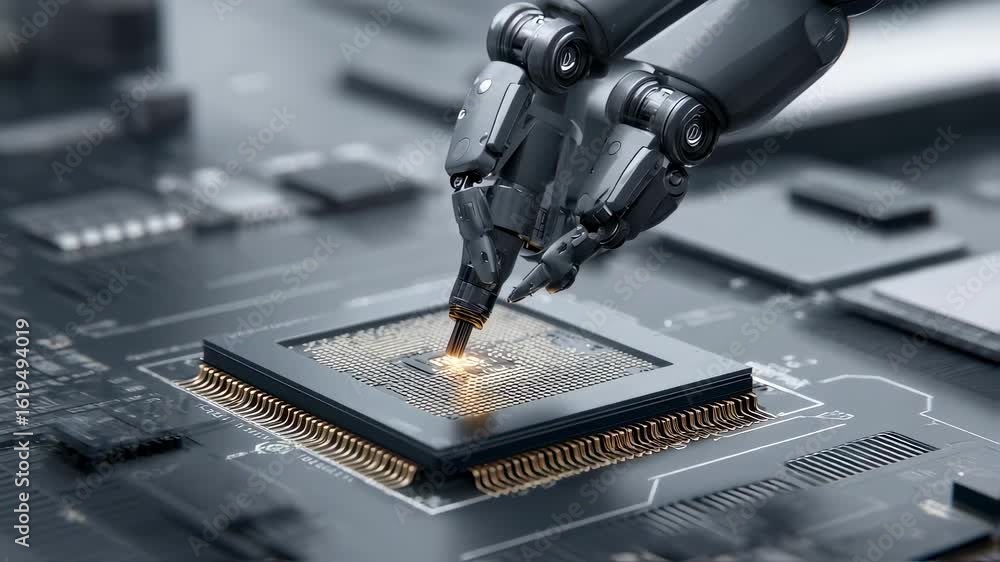 Poster advanced robotics in action as a robotic arm delicately places components on a shimmering integrated
