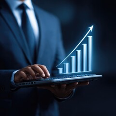 Businessman using laptop, upward trending graph