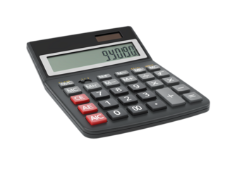 Closeup View of a Black Desktop Calculator Displaying 7850 on Transparent background