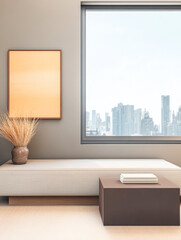 Modern living room with minimalist decor and city skyline view in bright daylight