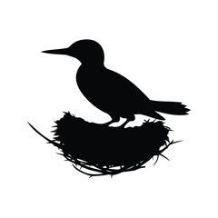 Silhouette of a bird perched atop its intricate nest on white background