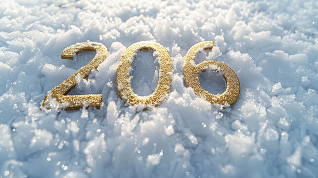 Golden number 206 emerging from a snowy landscape