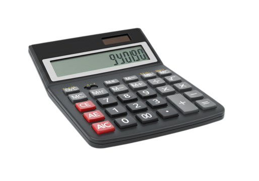 Closeup View of a Black Desktop Calculator Displaying 7850 on Transparent background