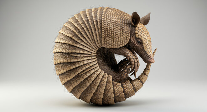 Armadillo Curled Up in Defensive Ball Position on White Background.