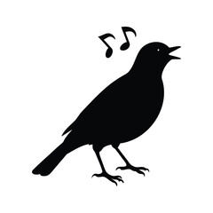 Singing Bird Silhouette with Musical Notes Above, Black and White Graphic