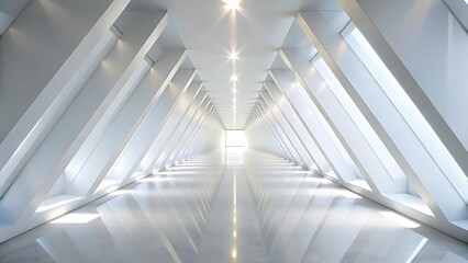 Obraz premium Futuristic White Corridor with Geometric Design and Bright Light at the End